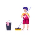 Child boy washing the floor with mop, flat cartoon vector illustration isolated.