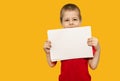 A child, a boy 5 years old, in a red T-shirt, holds sheets of paper on a yellow background