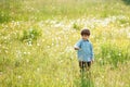 A child boy 3-4 years is walking in meadow walking along and having fun