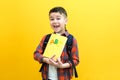 Child boy, on a yellow wall background. Great idea. Happy smiling schoolboy goes back to school. Success, motivation, winner, Royalty Free Stock Photo