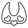 Child breastplate line icon. Baby cloth bib with hearts outline style pictogram on white background. Children feeding