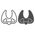 Child breastplate line and solid icon. Baby cloth bib with hearts outline style pictogram on white background. Children