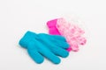 Child  brighte gloves whith soap bubble on white background Royalty Free Stock Photo