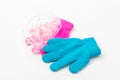 Child  brighte gloves whith soap bubble on white background Royalty Free Stock Photo