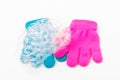 Child  brighte gloves whith soap bubble on white background Royalty Free Stock Photo