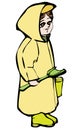 Vector child in a yellow raincoat with green shovel and bucket