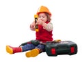 Child in builder hardhat with tools