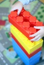 The child builds a tower out of bricks constructor