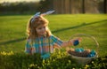 Child bunny boy with rabbit bunny ears. Child boy with easter eggs in basket outdoor. Easter egg hunt. Fynny kids face. Royalty Free Stock Photo