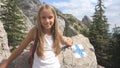 Child in Camping, Trail Signs in Mountains, Tourist Girl, Forest Trip Excursion
