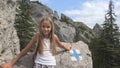 Child in Camping, Trail Signs in Mountains, Tourist Girl, Forest Trip Excursion