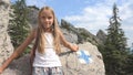 Child in Camping, Trail Signs in Mountains, Tourist Girl, Forest Trip Excursion