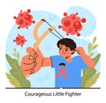 Child cancer. Boy shooting cancer cells with a slingshot . Little kid