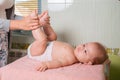 Child care and motherhood. Mother changes the baby`s diapers. Side view. Baby close-up