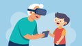 A child carefully instructs their elderly relative on how to use a virtual reality headset allowing them to experience a Royalty Free Stock Photo
