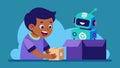 The child carefully removes a voiceactivated robot from its box marveling at its smooth movements and interactive Royalty Free Stock Photo