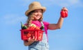 Child carry harvest sky background. Organic food. Sunny day at farm. Vegetables in basket. Girl adorable child farming Royalty Free Stock Photo