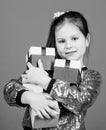 Child carry lot gift boxes. Kids fashion. Surprise gift box. Birthday wish list. Special happens every day. Shop for Royalty Free Stock Photo