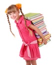 Child carrying pile of books.