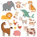 Child cartoons elephant, gull, dolphin, wild animal. Pet, farm and jungle animals vector cartoon illustration collection