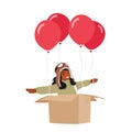 Child Character In Pilot Hat Sits In A Carton Box With Helium Balloons, Soaring Through The Sky With Wide-eyed Wonder Royalty Free Stock Photo