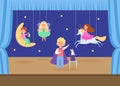 Child character play young school theatre flat vector illustration. Children magic performance, boy conjures girl