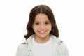 Child charming smile isolated white background close up. Charming cutie. Kid girl long curly hair posing cheerful happy Royalty Free Stock Photo