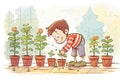 child checking soil moisture in herb pots