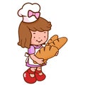 Young baker girl holding loaves of bread. Vector illustration