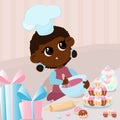 A child in a chef\'s hat is whisking icing for sweets. On the table are cupcakes and muffins, sweets in a jar.