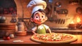 a child in a chef's suit bakes a pizza in the kitchen of a pizzeria, cartoon