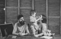 Child Childhood Children Happiness Concept. Boy listening to mom and dad with attention. Family cares about education of Royalty Free Stock Photo