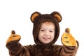 Child in a christmas carnival bear costume isolated on white with copy space,  carnival Royalty Free Stock Photo