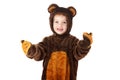 Child in a christmas carnival bear costume isolated on white with copy space,  celebrating Royalty Free Stock Photo