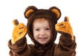 Child in a christmas carnival bear costume isolated on white with copy space,  celebration Royalty Free Stock Photo