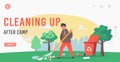 Child Cleaning Up after Camp Landing Page Template. Kid Raking Ground Collecting Trash into Recycling Litter Bin Royalty Free Stock Photo