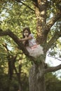 Child climb tree branch in summer garden, secret or silence Royalty Free Stock Photo