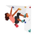 Child Climbing High Up A Challenging Rock Wall with Concentration. Little Girl Character Feel Thrill Of Adventure, Sport