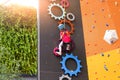 Child climbing on wall in amusement centre. Climbing training for children. Little girl in dressed climbing gear climb high. Royalty Free Stock Photo