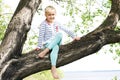 Child climbs a tree in the early morning on a summer day