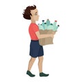 Volunteer collects plastic for recycling, a child boy carries plastic bottles in a paper bag. Vector character