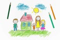 Child colorful drawing of happy family and home with pencils Royalty Free Stock Photo