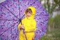 Rainy day. Happy toddler girl wearing waterproof coat with umbrella.