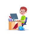 Child at computer. Cartoon boy learning at desk with laptop. Student studying code vector concept Royalty Free Stock Photo