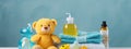 Child concept. children's swimwear and accessories, teddy bear Royalty Free Stock Photo