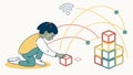 Child Connecting Digital Blocks, Future Learning, vector design Generative AI Royalty Free Stock Photo