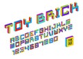 Child constructor colorful minimal 3D square vector font, dimensional cubic letters and numbers alphabet in toy style, block