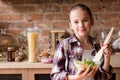 Child cooking skills girl prepared salad dinner