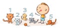 Child counting cats and learning numbers, colorful illustration