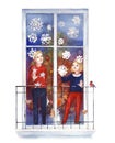 Child couple decorate the winter window with snowflakes. Happy New Year and Merry Christmas card Royalty Free Stock Photo